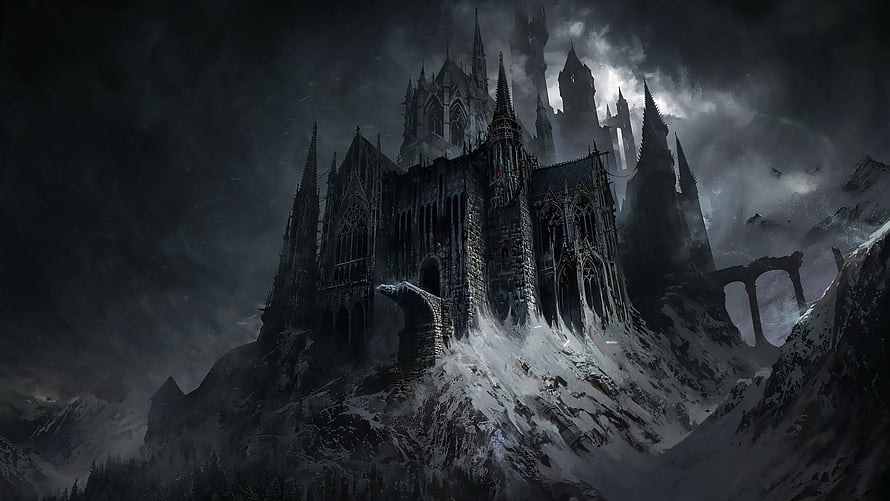 Gothic Castle on Snowy Mountain Peak in Dark Fantasy Landscape HD wallpaper