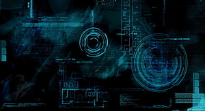 Futuristic Blue Holographic Interface with Schematic Blueprints and Circular HUD Elements HD wallpaper