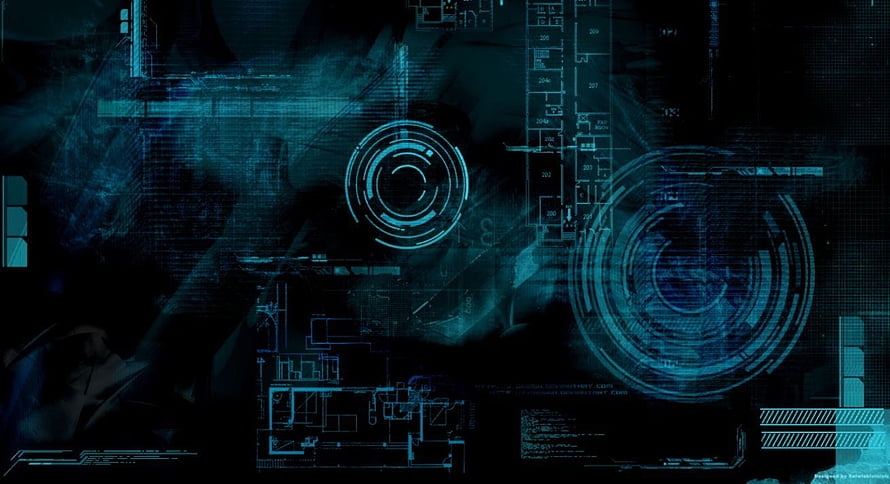 Futuristic Blue Holographic Interface with Schematic Blueprints and Circular HUD Elements HD wallpaper