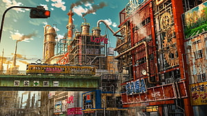 Dystopian Industrial Cityscape with Rusty Factories and Japanese Signage HD wallpaper