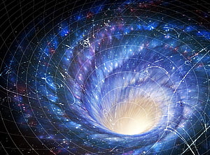Cosmic Black Hole Vortex with Gravitational Field Lines and Starry Nebula HD wallpaper