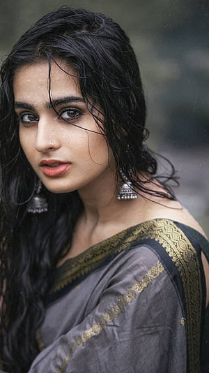Portrait of a woman with wet hair wearing a grey saree and traditional silver jhumka earrings, Ayesha Khan, seductive, beautiful HD phone wallpaper