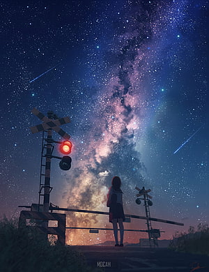 Anime Girl Standing at a Railroad Crossing Under a Starry Milky Way Night Sky HD phone wallpaper