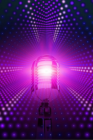Glowing Vintage Microphone on a Stand Against a Purple Dot Matrix Background HD phone wallpaper