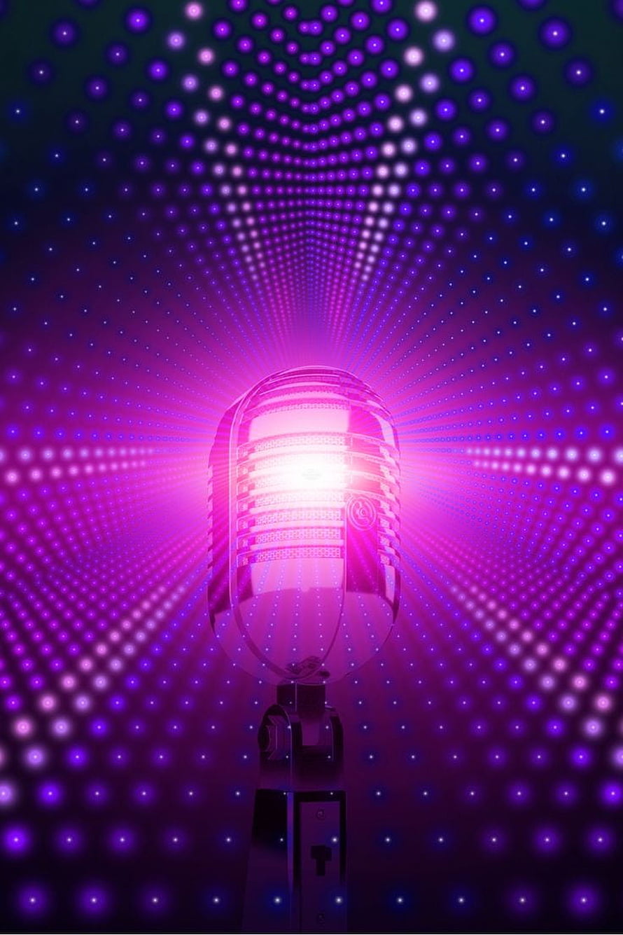 Glowing Vintage Microphone on a Stand Against a Purple Dot Matrix Background HD phone wallpaper