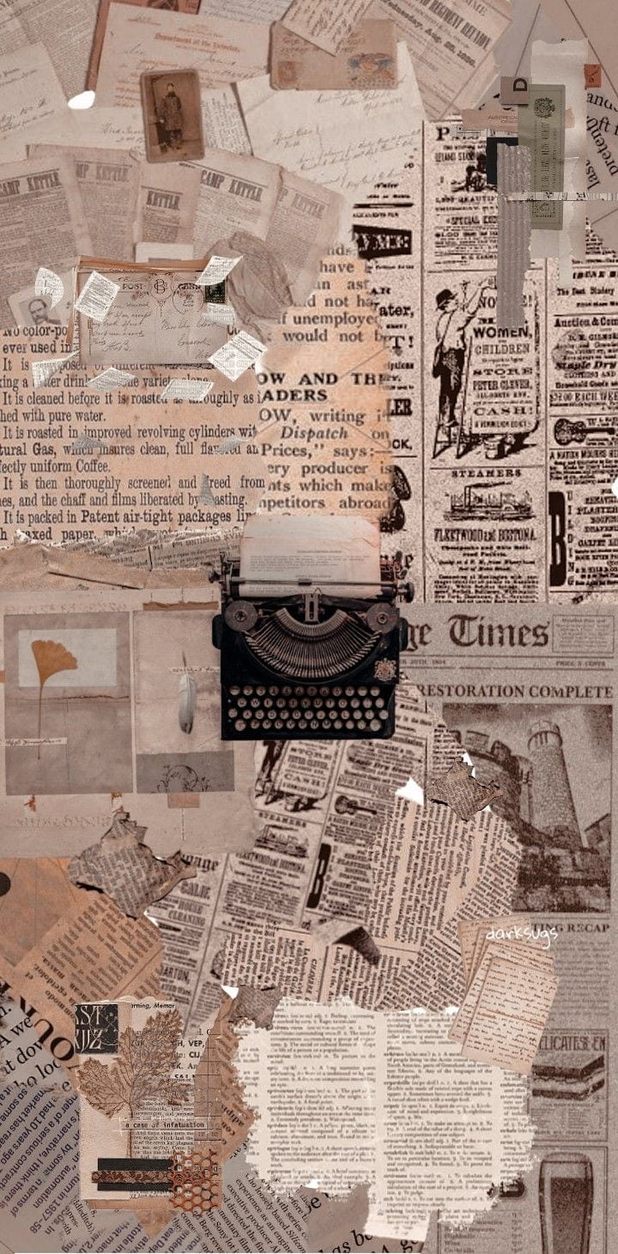 Vintage Typewriter on Aged Newspaper Collage with Antique Postcards and Sepia Tones HD phone wallpaper