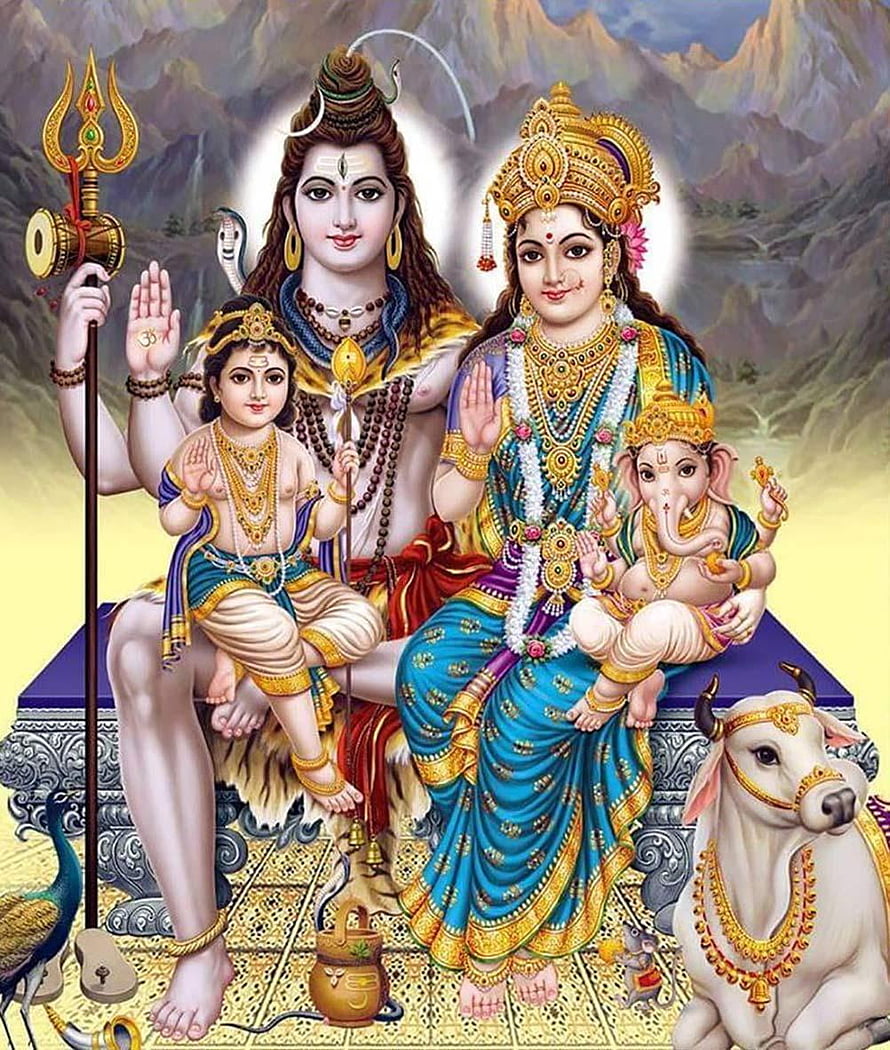 Lord Shiva and Parvati with Ganesha and Kartikeya Hindu Deity Family Portrait HD phone wallpaper