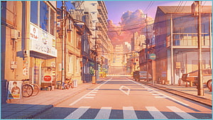 Warm Sunset Japanese Street Scene in Anime Style with Convenience Store and Crosswalk HD wallpaper