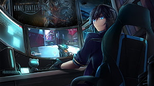 Anime Gamer Girl Playing Video Games on Multiple Monitors in Dark Room HD wallpaper