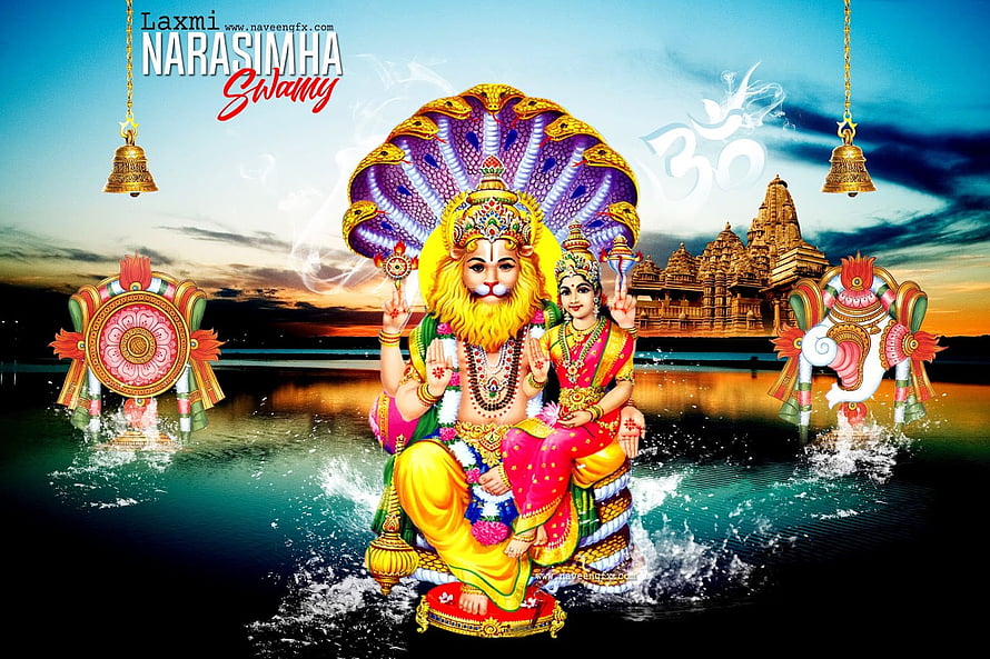 Lord Narasimha Swamy and Goddess Laxmi Sitting Together with Temple Background HD wallpaper