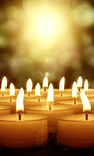 Warmly lit votive candles arranged in rows with a soft golden bokeh background HD phone wallpaper