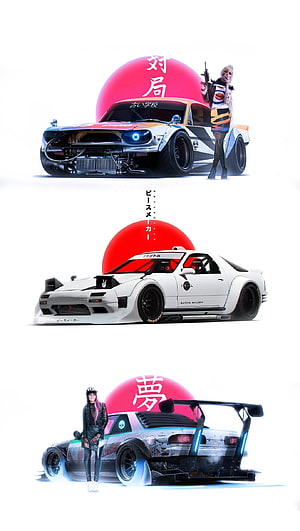 JDM Drift Car Illustration Featuring Mazda RX7 and S13 with Japanese Text and Red Sun Motif HD phone wallpaper