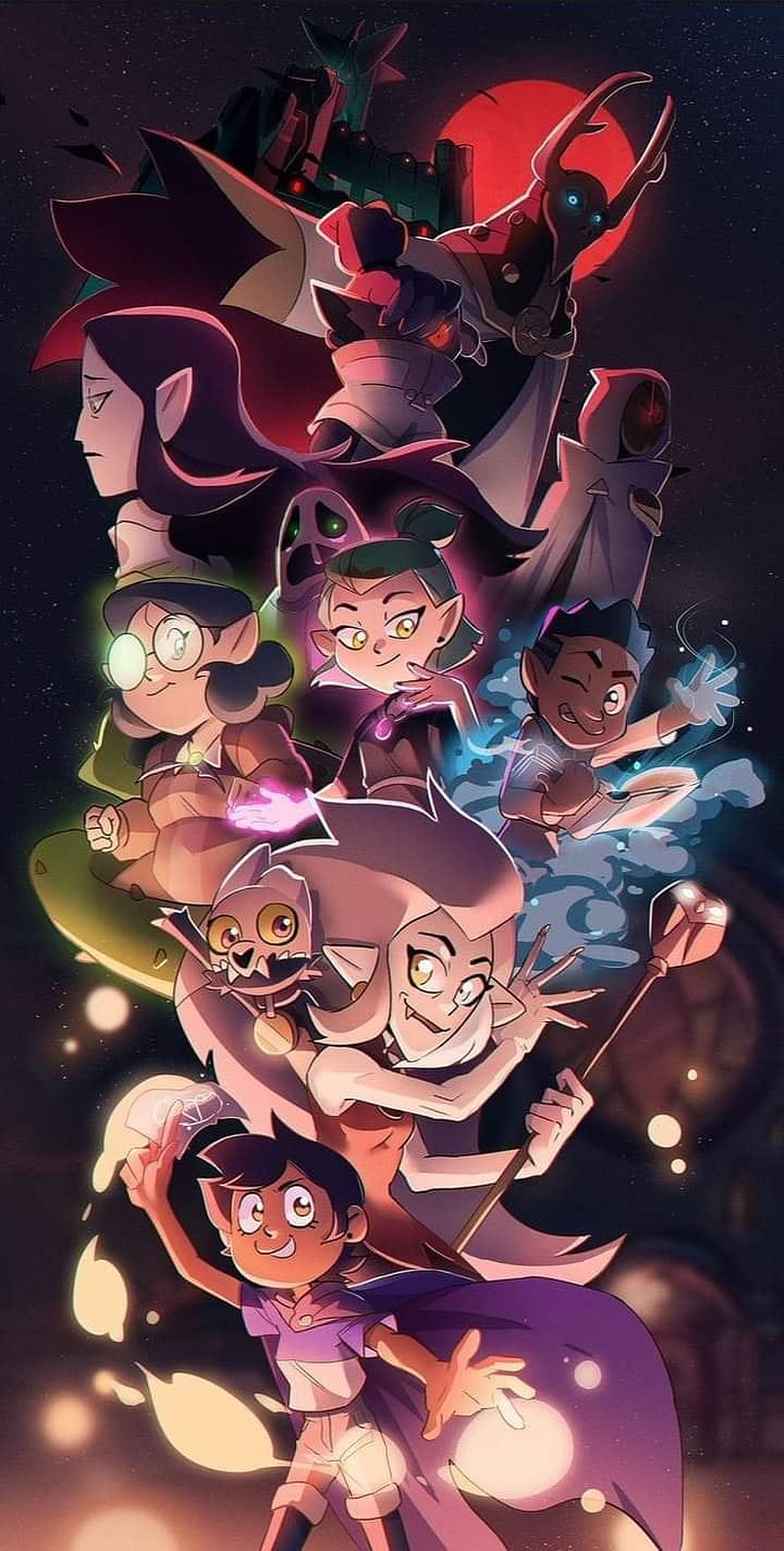 The Owl House Cast Group Art with Luz, Eda, King, Amity, Gus, Willow, and Hooty HD phone wallpaper