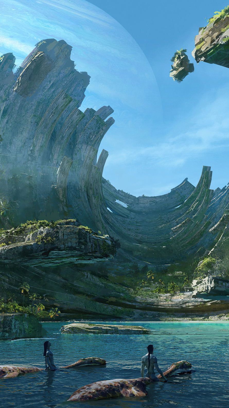 Avatar Pandora Concept Art: Na'vi Riding Ikran in Floating Hallelujah Mountains Landscape HD phone wallpaper