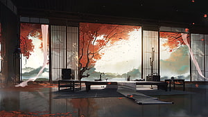 Serene Japanese Room Interior With Autumn Maple Trees And Falling Leaves HD wallpaper