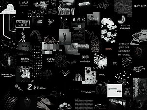 Black and white collage aesthetic wallpaper featuring skulls, text quotes, and dark gothic imagery HD wallpaper