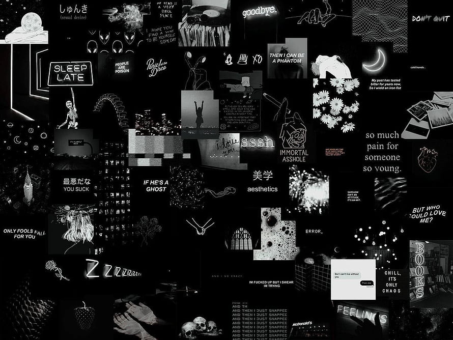 Black and white collage aesthetic wallpaper featuring skulls, text quotes, and dark gothic imagery HD wallpaper