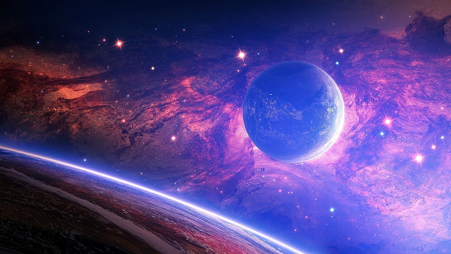 Vast Cosmic Nebula and Distant Blue Planet Viewed From Orbital Space HD wallpaper