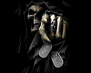 Grim Reaper Skeleton Hand Holding Dog Tags in Dark Hooded Cloak HD wallpaper