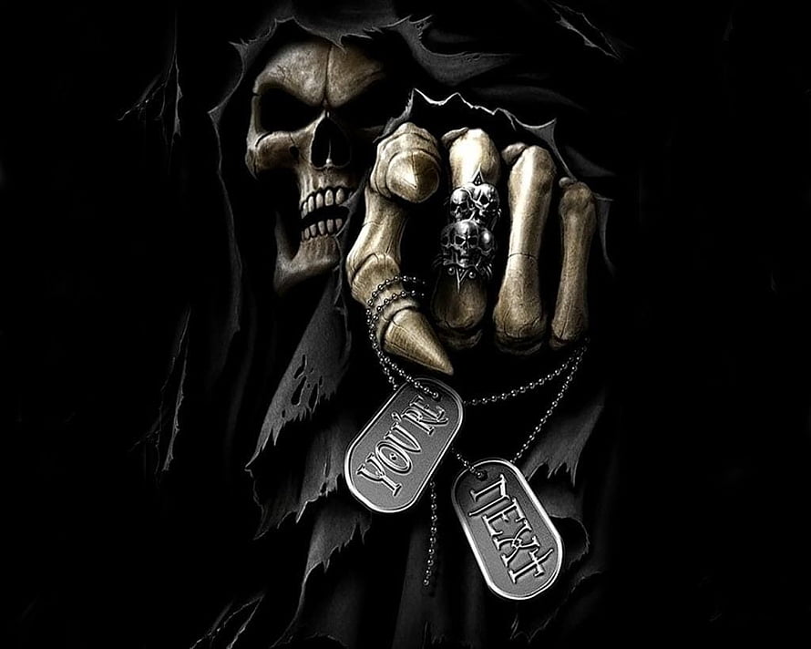 Grim Reaper Skeleton Hand Holding Dog Tags in Dark Hooded Cloak HD wallpaper
