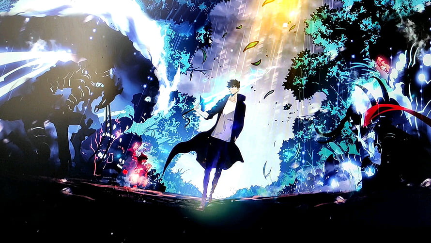 Solo Leveling Anime Artwork: Sung Jinwoo Standing in a Dramatic Blue and White Light Burst HD wallpaper