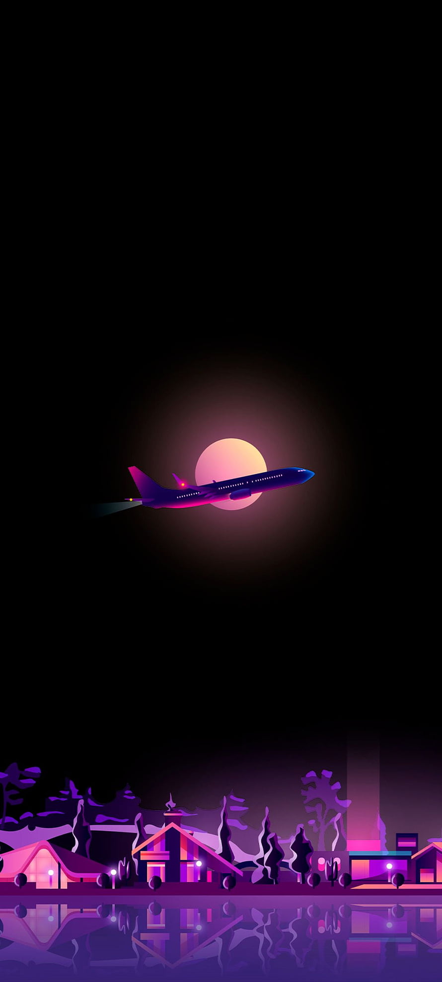 Neon Airplane Flying Over Village at Sunset HD phone wallpaper