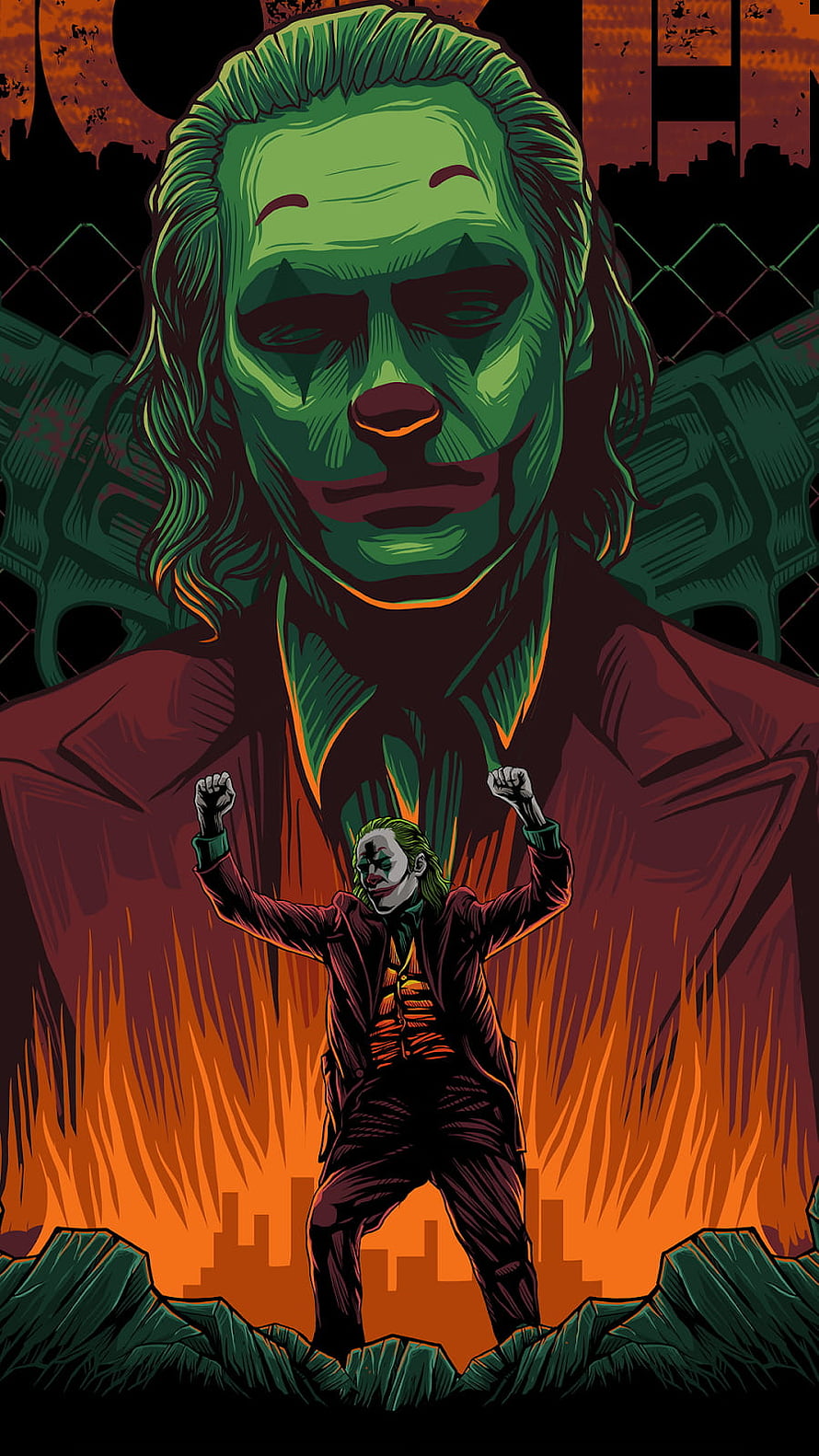 Joker Character Artwork with Green Skin and Red Suit Against Fiery Cityscape Background HD phone wallpaper