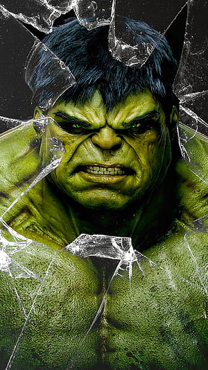 Angry Hulk Breaking Through Shattered Glass Screen HD phone wallpaper
