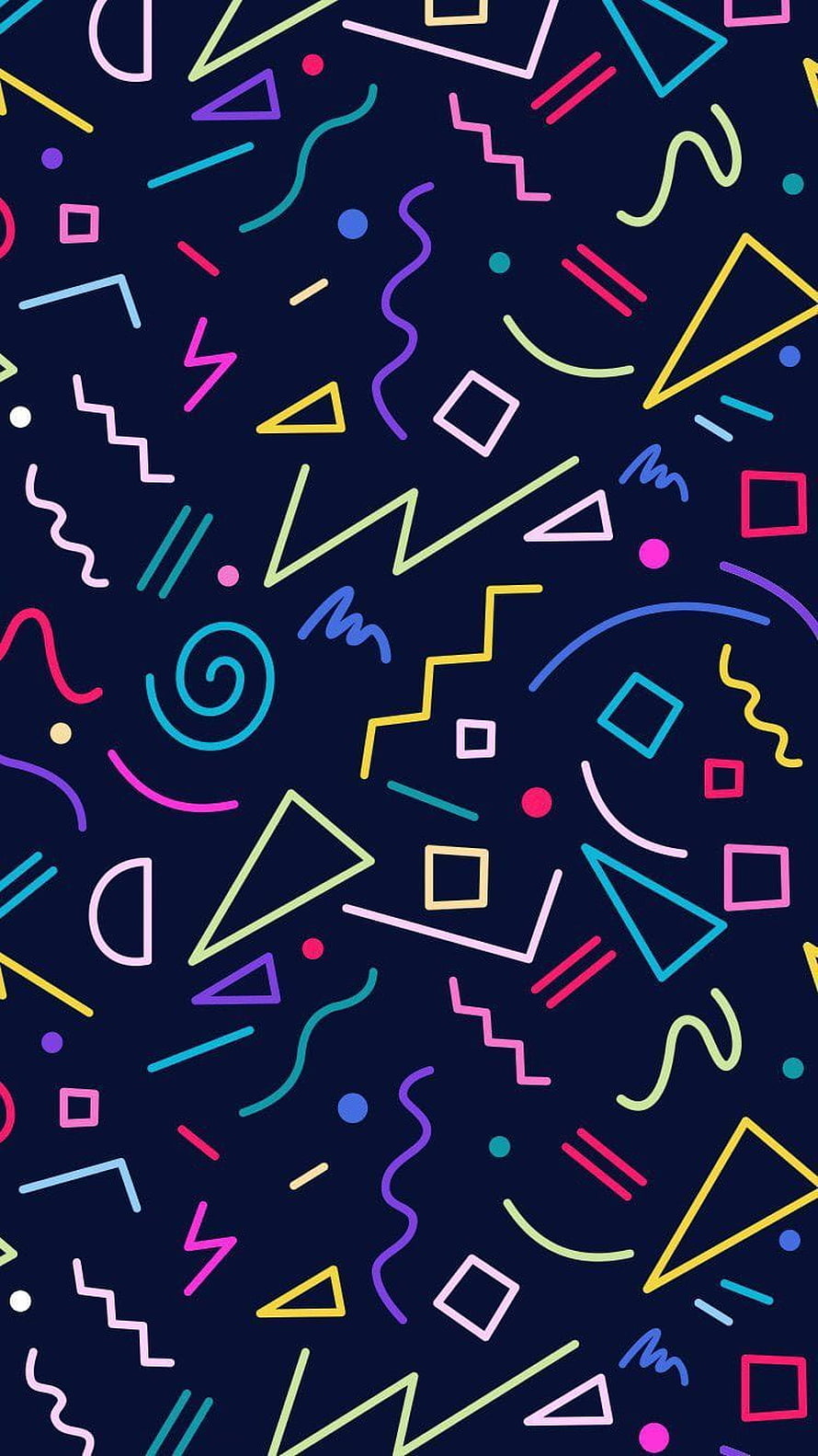 Retro 80s Memphis Style Geometric Pattern on Dark Navy Background HD phone wallpaper