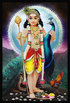 Lord Murugan Devotional Art with Peacock, Snake, and Rooster HD phone wallpaper