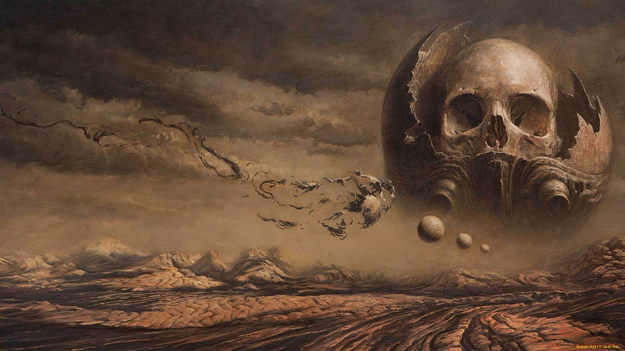 Dark Fantasy Skull Planet Wallpaper - Apocalyptic Landscape with Giant Bone Moon and Desolate Terrain HD wallpaper