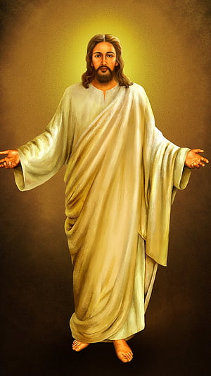 Jesus Christ with open arms in white robe against golden background HD phone wallpaper