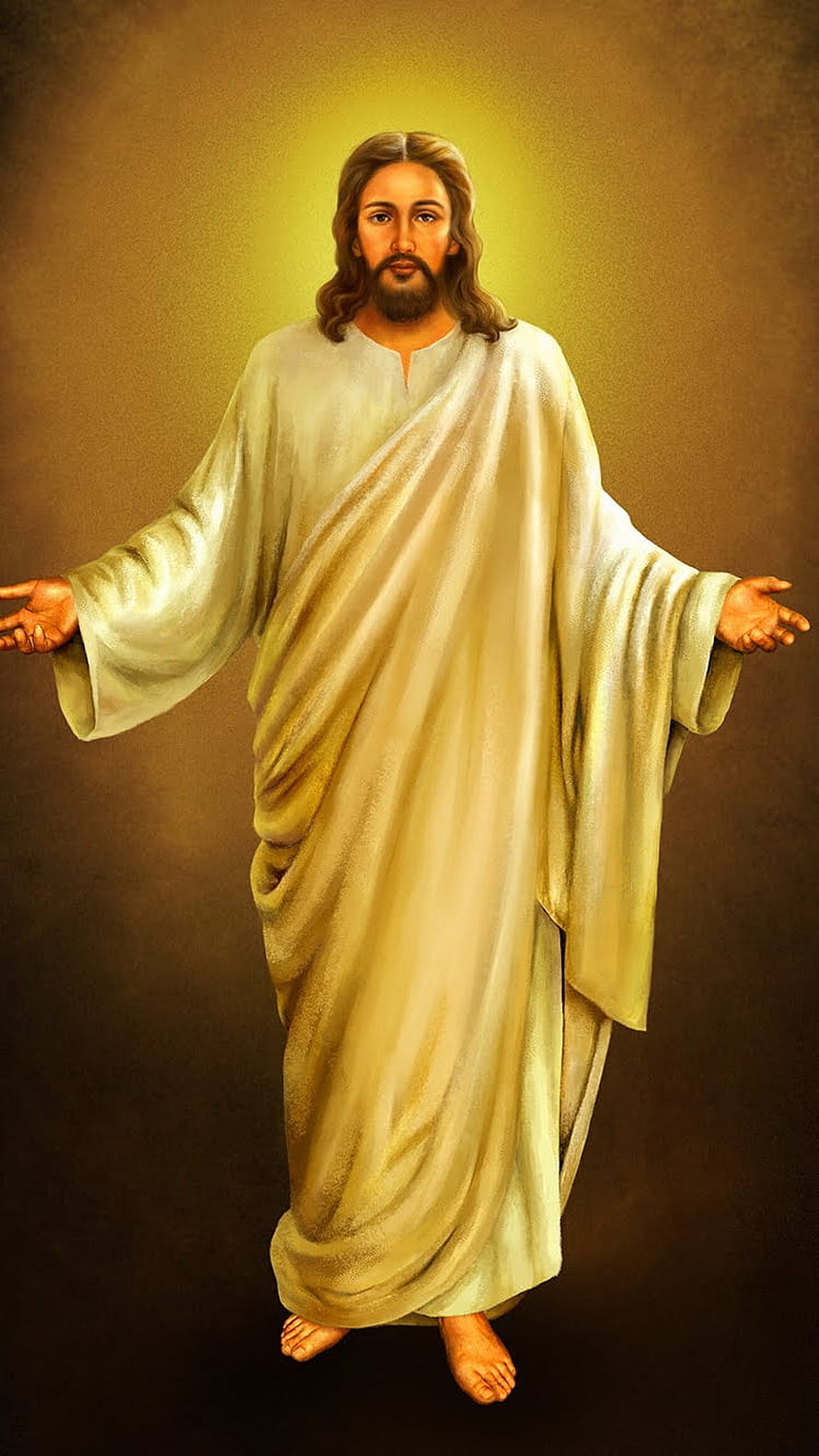 Jesus Christ with open arms in white robe against golden background HD phone wallpaper