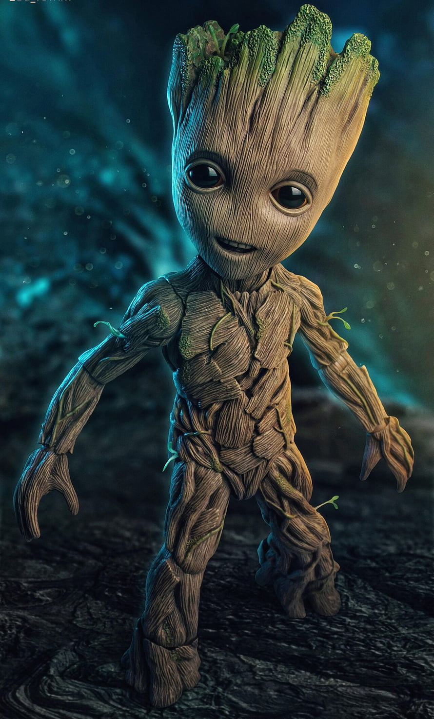 Baby Groot from Guardians of the Galaxy in a dark forest setting HD phone wallpaper