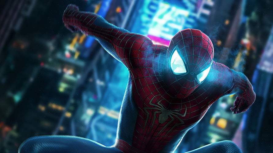 Spider-Man in Classic Red and Blue Suit Crouching Above a Neon-Lit City at Night, Spiderman [ Laptop, PC, Computer ] HD wallpaper
