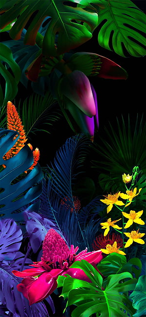 Vibrant Neon Tropical Jungle Wallpaper With Monstera Leaves And Exotic Flowers HD phone wallpaper