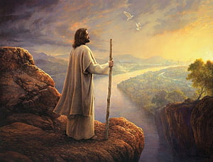 Jesus Christ Standing on Cliff Overlooking River Valley at Sunset HD wallpaper