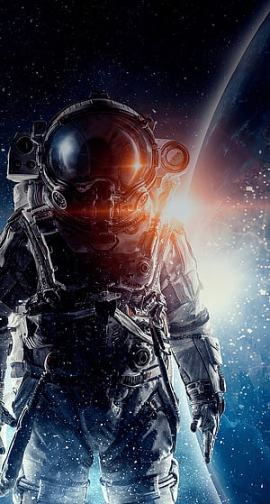 Detailed Astronaut in Space Suit Against Starry Background with Planet and Lens Flare HD phone wallpaper