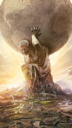Colossal Greek Mythology Statue Holding the World Over a Fantasy Landscape HD phone wallpaper