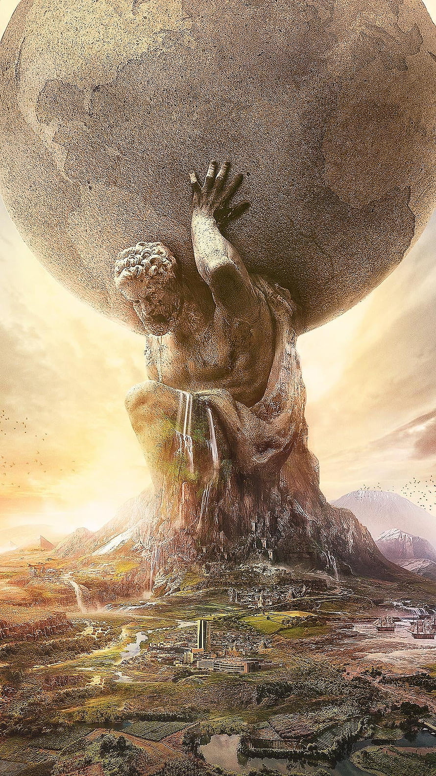 Colossal Greek Mythology Statue Holding the World Over a Fantasy Landscape HD phone wallpaper