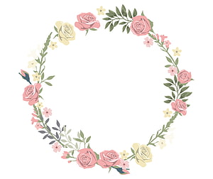 Delicate Pink and Cream Rose Floral Wreath with Green Foliage on White Background HD wallpaper