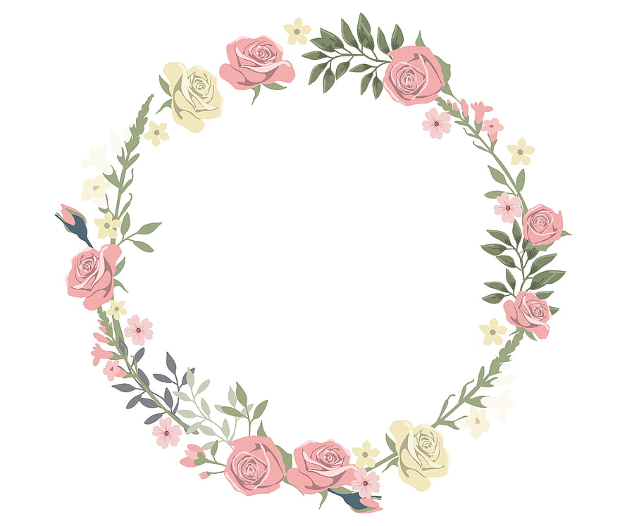 Delicate Pink and Cream Rose Floral Wreath with Green Foliage on White Background HD wallpaper
