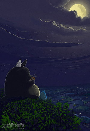 Totoro and Chibi Totoro Gazing at the Full Moon Over a Village at Night HD phone wallpaper