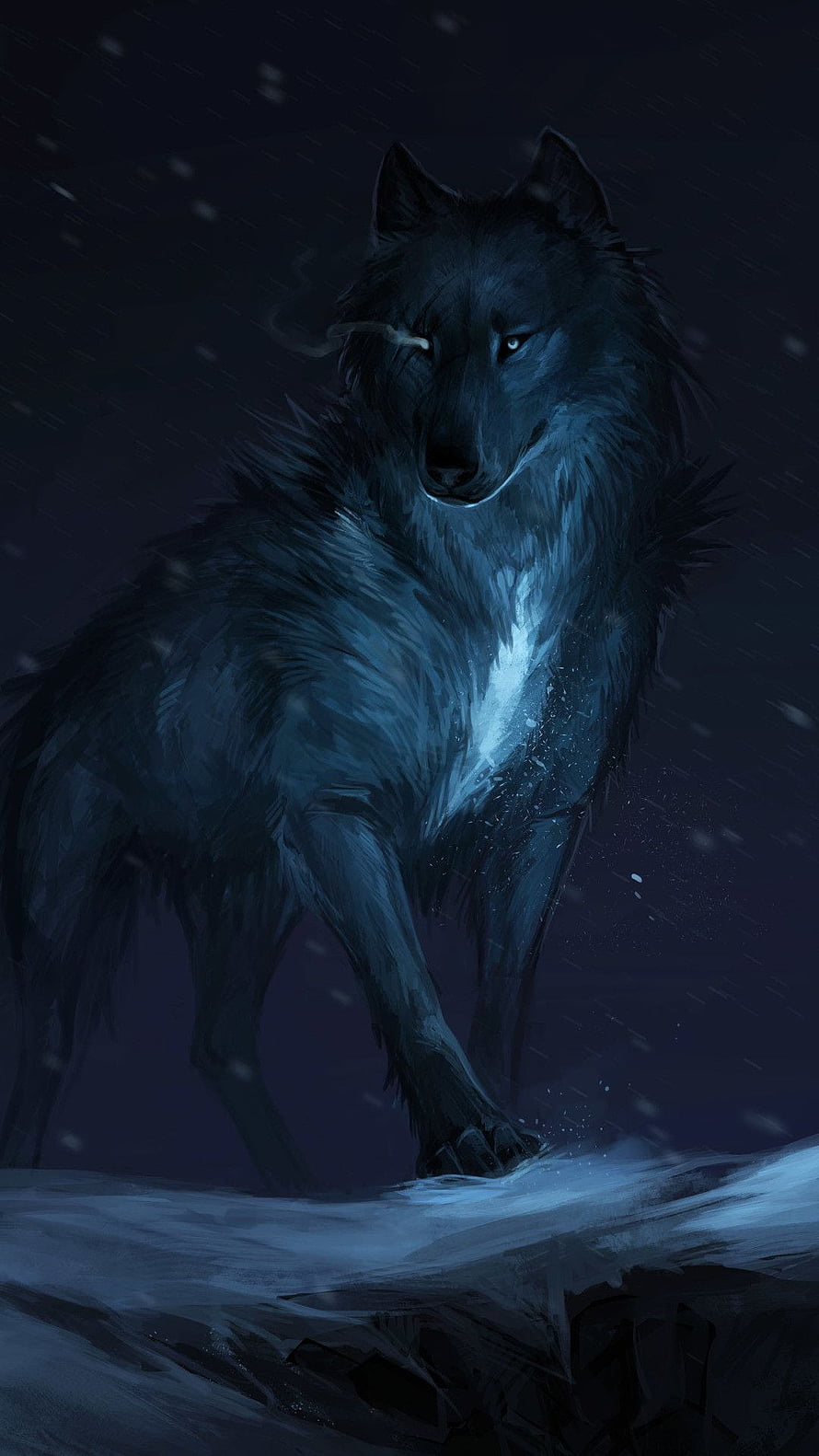 Majestic Black Wolf Standing in Snowy Night Landscape Digital Art HD phone wallpaper