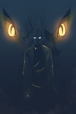 Dark anime character with glowing eyes and mysterious shadowy aura HD phone wallpaper