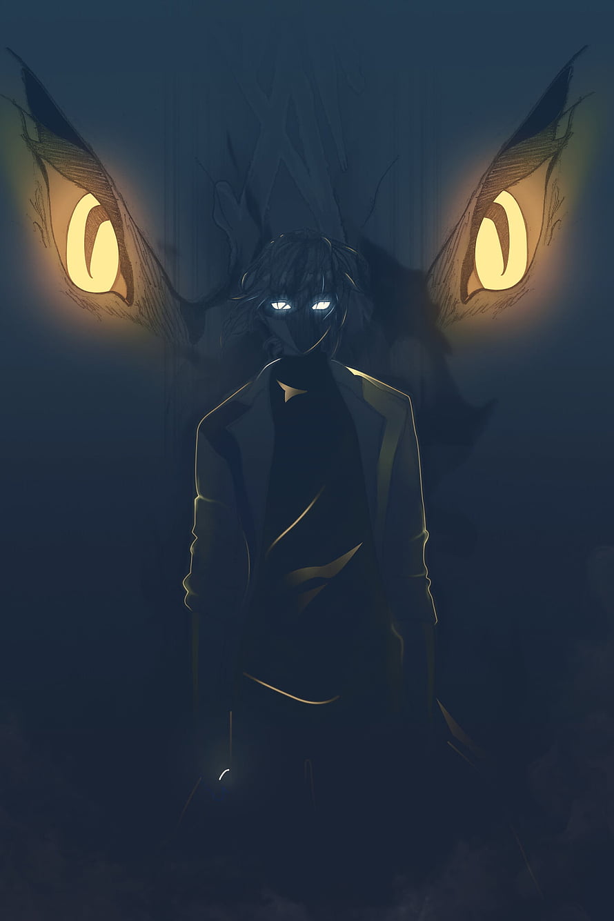 Dark anime character with glowing eyes and mysterious shadowy aura HD phone wallpaper