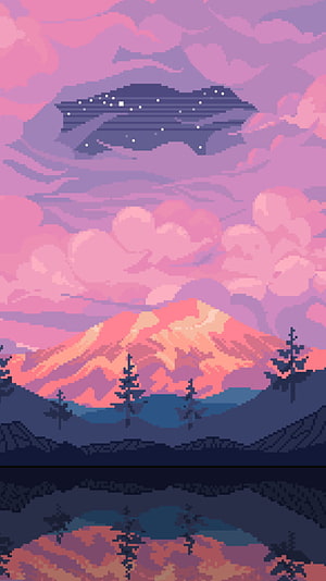 Pixel Art Sunset Mountain Landscape With Lake Reflection And Pine Trees HD phone wallpaper