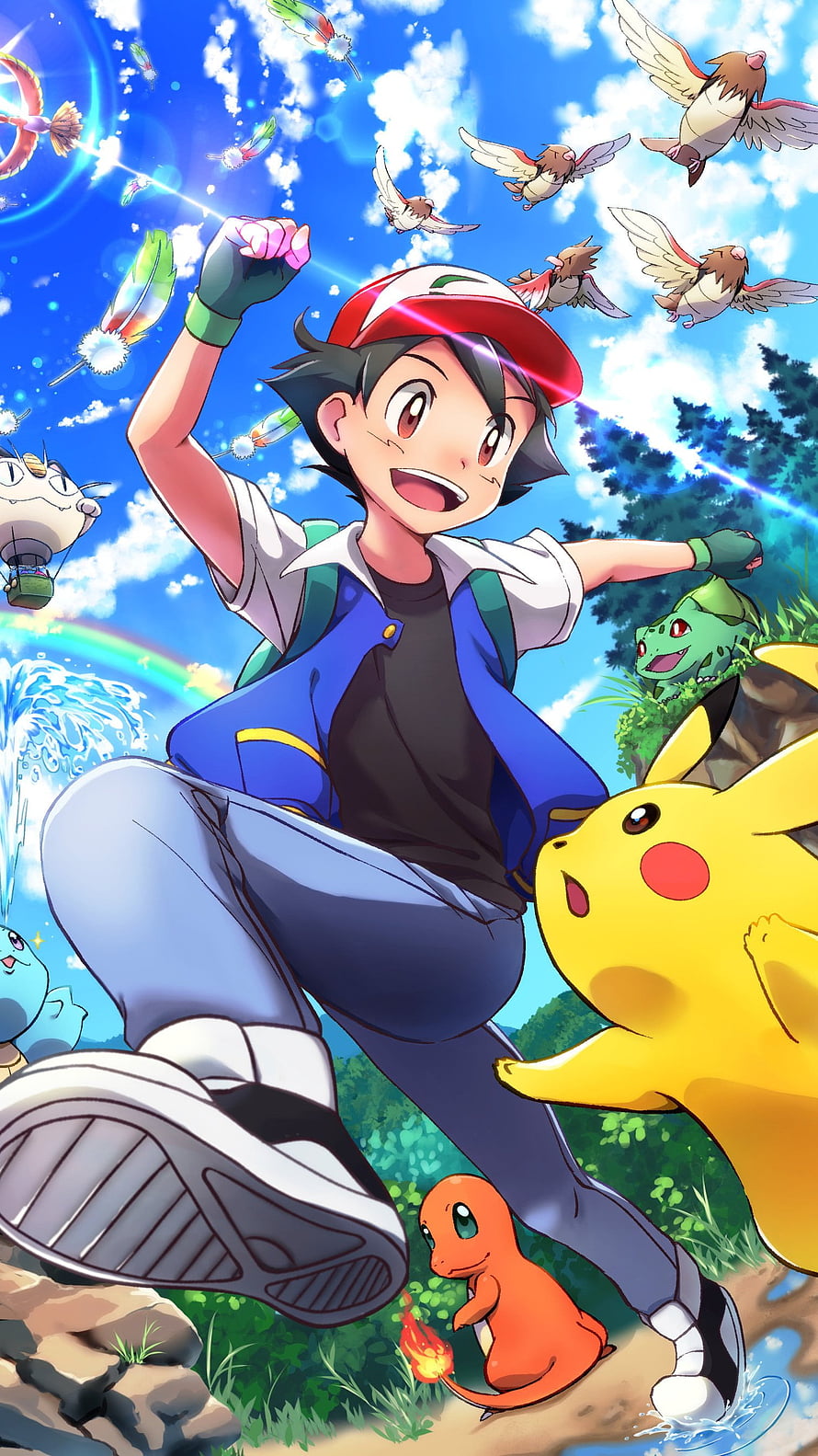Ash Ketchum and Pikachu Running with Starter Pokemon in a Bright Outdoor Adventure Scene HD phone wallpaper