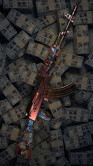 Colorful Graffiti AK-47 Rifle Surrounded by Stacks of Cash Wallpaper HD phone wallpaper