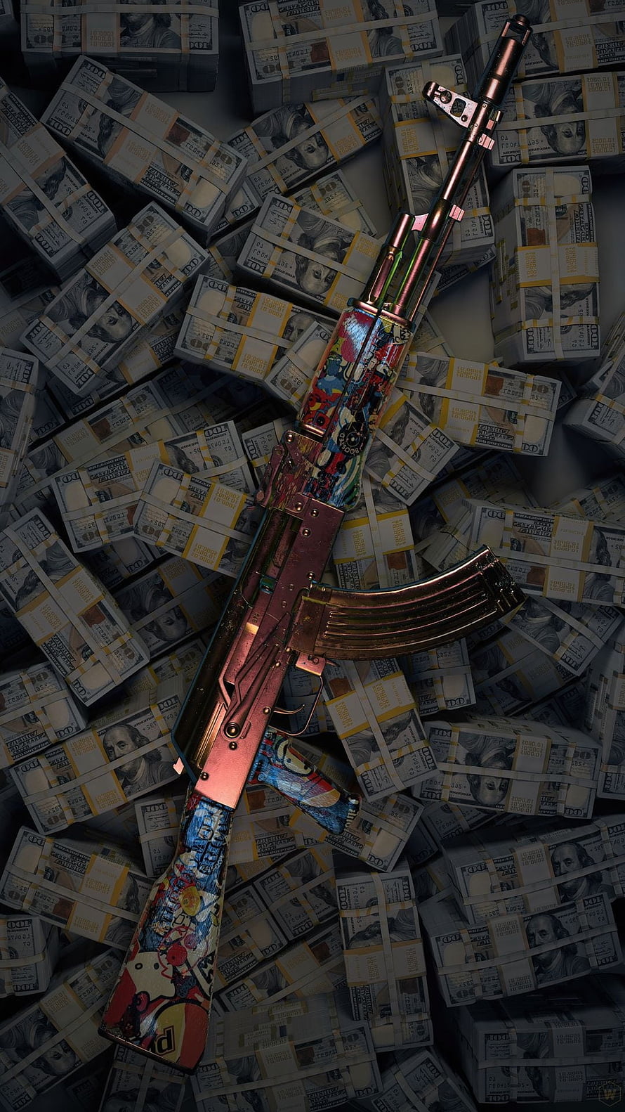 Colorful Graffiti AK-47 Rifle Surrounded by Stacks of Cash Wallpaper HD phone wallpaper